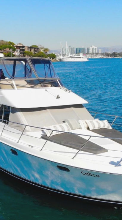 White luxury motor yacht afloat on calm blue harbor waters with coastal homes and a distant city skyline under a clear sunny sky