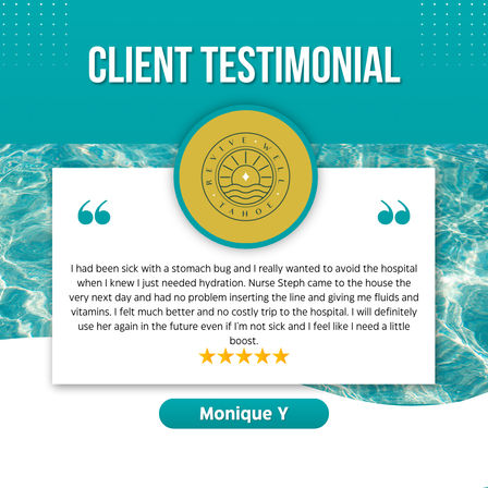Vibrant teal testimonial graphic with pool-like water background, circular gold logo, white quote box describing a home IV hydration visit and five-star rating.
