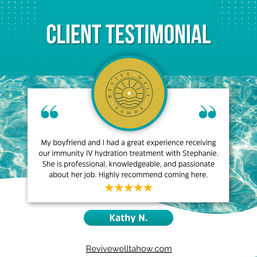 Teal client testimonial graphic with round sun-and-waves logo over a pool-water background, white quote card showing a positive five-star review about an immunity IV hydration treatment, teal quotation marks, name tag and website strip below.
