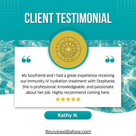 Teal client testimonial graphic with round sun-and-waves logo over a pool-water background, white quote card showing a positive five-star review about an immunity IV hydration treatment, teal quotation marks, name tag and website strip below.