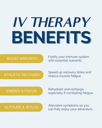 Infographic: IV therapy benefits — boost immunity, athletic recovery, energy and focus, and relief from altitude and jet lag.