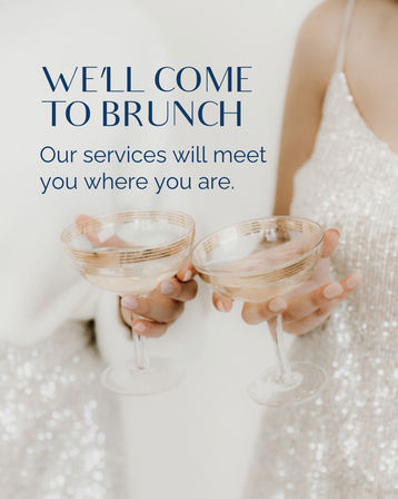 Two hands holding vintage champagne coupe glasses against a soft backdrop with sequin dresses visible and overlay text promoting brunch services and on-site hospitality.