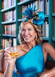 Smiling woman in a teal one-shoulder dress and blue feathered fascinator holding a glass of amber cocktail in a cozy library with bookshelves