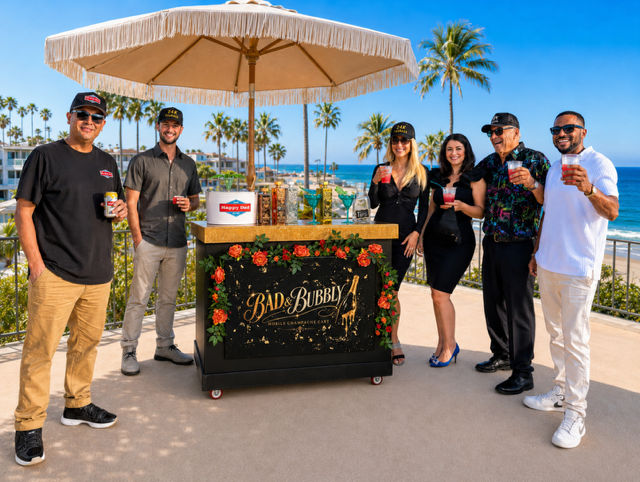 Six people holding colorful cocktails around a floral-decorated mobile bar under a fringed umbrella on an oceanfront patio with palm trees and bright blue sky — coastal resort vibe.