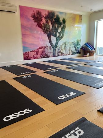 Sunlit yoga studio with hardwood floor and neatly arranged black mats facing a vibrant desert mural of a Joshua tree, with rolled mats and props in a basket by the window