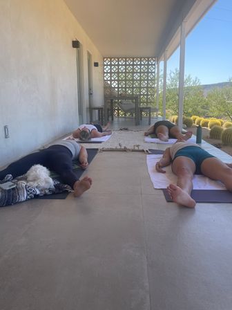Outdoor yoga session on a shaded porch with four people lying in Savasana on mats and a small white dog, decorative breeze-block wall, and desert landscape with golden barrel cacti and distant hills.