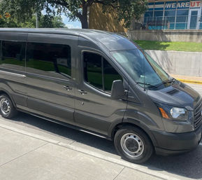 Sleek gray passenger van parked on a sunny urban curb beside a sidewalk and grassy embankment with trees in the background