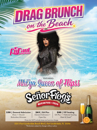 Bright beach drag-brunch poster for Fort Lauderdale featuring a glamorous drag performer in a studded leather outfit over sunny ocean waves, ticket tiers and champagne/mimosa icons.