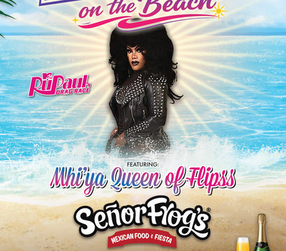 Bright beach drag-brunch poster for Fort Lauderdale featuring a glamorous drag performer in a studded leather outfit over sunny ocean waves, ticket tiers and champagne/mimosa icons.