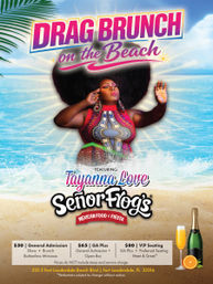 Colorful poster for a Drag Brunch on the Beach in Fort Lauderdale showing a glamorous drag performer with a big afro and vibrant dress rising from ocean waves, palm leaves, ticket prices and a champagne glass.
