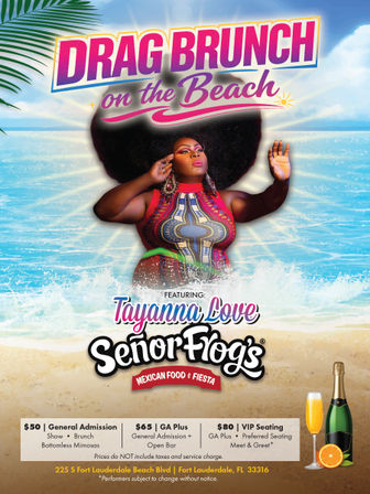 Colorful poster for a Drag Brunch on the Beach in Fort Lauderdale showing a glamorous drag performer with a big afro and vibrant dress rising from ocean waves, palm leaves, ticket prices and a champagne glass.