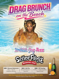 Colorful poster for a Drag Brunch on the Beach in Fort Lauderdale showing a glamorous gold‑clad performer rising from ocean waves with palm leaves, pricing tiers for General, GA Plus and VIP, and champagne and mimosa imagery.