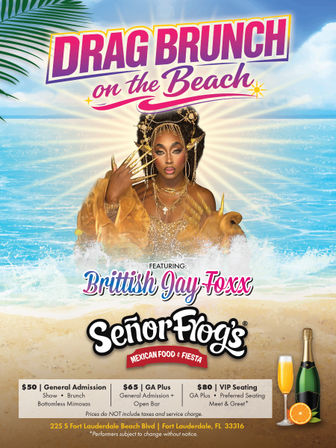 Colorful poster for a Drag Brunch on the Beach in Fort Lauderdale showing a glamorous gold‑clad performer rising from ocean waves with palm leaves, pricing tiers for General, GA Plus and VIP, and champagne and mimosa imagery.