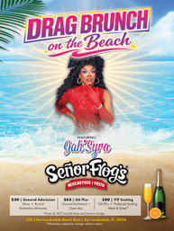 Colorful poster for a drag brunch on Fort Lauderdale Beach featuring a glamorous drag performer in a red sequined outfit against a sunny ocean backdrop, with ticket tiers, brunch drinks and tropical accents