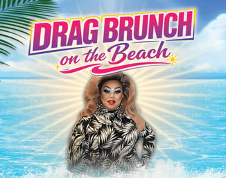 Poster reading Drag Brunch on the Beach with bold pink-and-yellow title over a sunny turquoise ocean and palm frond, featuring a glamorous drag performer with voluminous hair, dramatic makeup, sparkly earrings and a black-and-white tropical leaf-print outfit rising from foamy waves — seaside drag brunch event vibe.