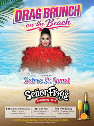Colorful Fort Lauderdale beach poster for a Drag Brunch featuring a glamorous drag performer in a voluminous red ruffled gown emerging from ocean waves, sunny sky and palm leaf, with champagne graphics and ticket pricing.