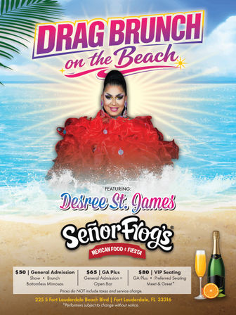Colorful Fort Lauderdale beach poster for a Drag Brunch featuring a glamorous drag performer in a voluminous red ruffled gown emerging from ocean waves, sunny sky and palm leaf, with champagne graphics and ticket pricing.