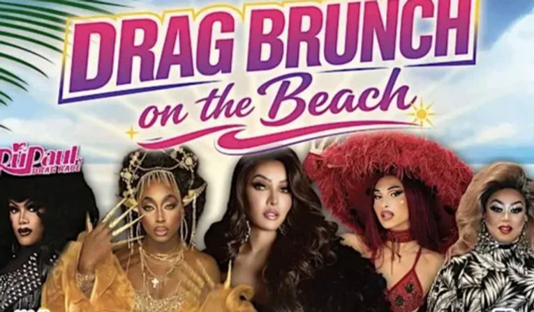 Vibrant beachside drag brunch poster showing five glamorous drag performers in bold costumes and makeup against a sunny sky with palm leaves, evoking a fun coastal brunch event.