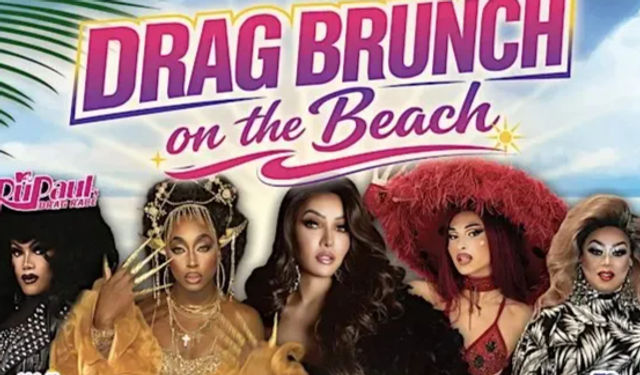 Vibrant beachside drag brunch poster showing five glamorous drag performers in bold costumes and makeup against a sunny sky with palm leaves, evoking a fun coastal brunch event.