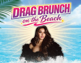 Vibrant beach poster reading 'Drag Brunch on the Beach' over a sunlit turquoise ocean, featuring a glamorous drag performer in a black feathered gown with palm leaf accents — beachside drag brunch artwork.