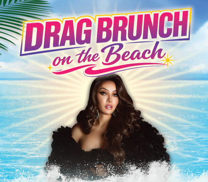 Vibrant beach poster reading 'Drag Brunch on the Beach' over a sunlit turquoise ocean, featuring a glamorous drag performer in a black feathered gown with palm leaf accents — beachside drag brunch artwork.
