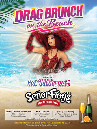 Bright poster for a Drag Brunch on the beach in Fort Lauderdale, FL — glamorous drag performer in a red feathered hat and sequined outfit over ocean waves, sandy shoreline, ticket tiers and mimosa/champagne graphics.