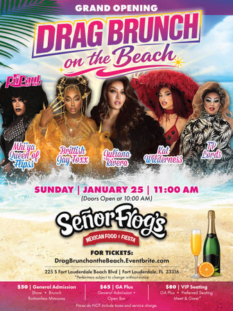 Vibrant poster for a Grand Opening “Drag Brunch on the Beach” in Fort Lauderdale featuring five glamorous drag performers in tropical outfits with waves and palm graphics, event date Sunday Jan 25 at 11:00 AM, ticket tiers and brunch/mimosa info.