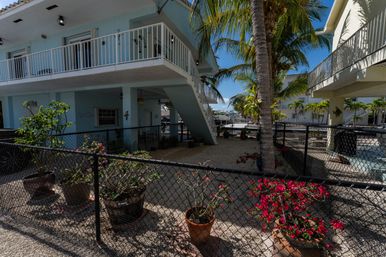 Tropical waterfront two-story condo with white balcony and exterior stairs, palm tree and potted pink bougainvillea in a gravel courtyard behind a black chain-link fence, marina boats visible in the background