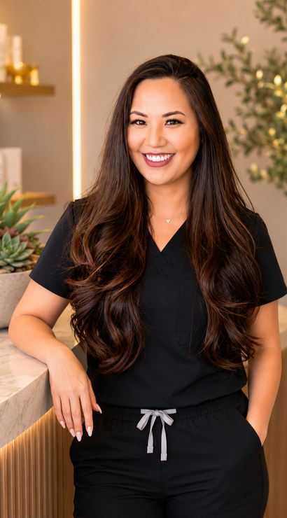 Smiling woman in black scrubs at a modern spa reception with marble countertop, succulents, and warm lighting