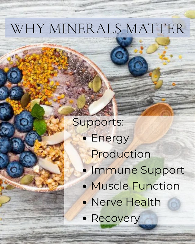 Vibrant smoothie bowl with blueberries, granola, pumpkin seeds and coconut flakes on a rustic wood surface; overlay text “WHY MINERALS MATTER” with bullets for energy production, immune support, muscle function, nerve health and recovery.