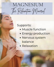 Mindful woman outdoors with hands over her chest beside a graphic titled “MAGNESIUM – The Relaxation Mineral” with bullets: supports muscle function, energy production, nervous system balance, relaxation.