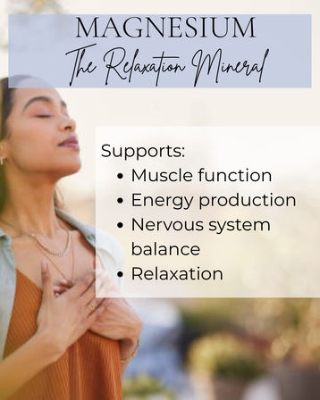 Mindful woman outdoors with hands over her chest beside a graphic titled “MAGNESIUM – The Relaxation Mineral” with bullets: supports muscle function, energy production, nervous system balance, relaxation.