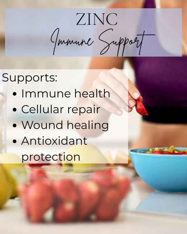 ZINC Immune Support label over a bright kitchen scene of someone adding a strawberry to a breakfast bowl, with text listing benefits: immune health, cellular repair, wound healing, antioxidant protection.