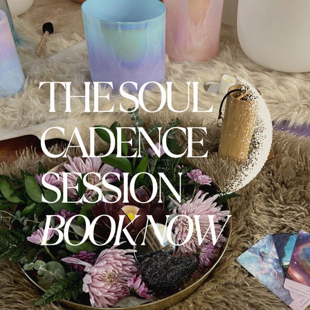 Pastel crystal singing bowls, mallet and wooden shaker on a plush fur rug with a floral tray of pink chrysanthemums, dark crystal and oracle cards, overlaid booking text — sound bath and meditation session setup for wellness bookings.