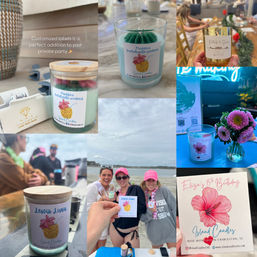 Collage of custom-labeled scented candles, small flower arrangements and friends at a Charleston, SC beach bachelorette — playful personalized party favors.