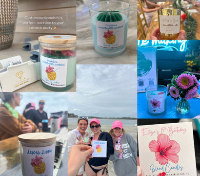 Collage of custom-labeled scented candles, small flower arrangements and friends at a Charleston, SC beach bachelorette — playful personalized party favors.
