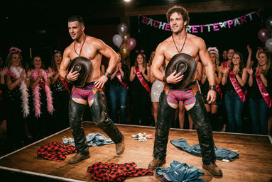 Two shirtless male dancers in cowboy hats, chaps and colorful underwear performing on a stage at a bachelorette party while a crowd of women in sashes and balloons cheer in a nightclub