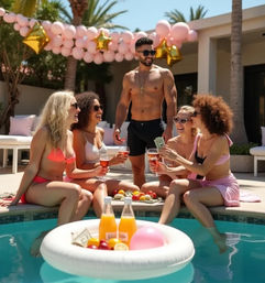 Sunny backyard pool party under palm trees — five friends in swimwear laughing by the pool, shirtless man with sunglasses, pink balloon garland, and a floating tray with orange drinks and fruit.