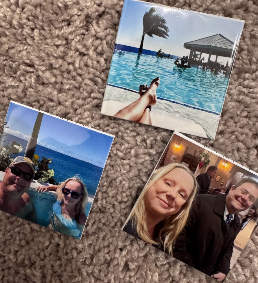 Three square photo prints on beige carpet: poolside legs with a palm tree, a couple in a seaside pool, and an indoor selfie at an event — fun vacation travel memories.