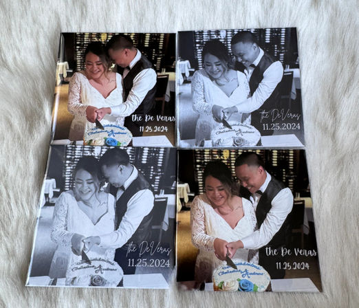 Four smiling wedding keepsake coasters featuring a bride and groom cutting their cake, photo printed with date 11.25.2024 — wedding favor keepsake.