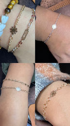 Collage of close-up wrists wearing stacked daisy-charm and beaded bracelets in gold and silver — delicate women’s fashion jewelry
