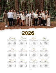 Multigenerational family portrait in a redwood forest wearing neutral earth tones, posed above a clean 2026 calendar layout — outdoor holiday family photo for a personalized calendar.