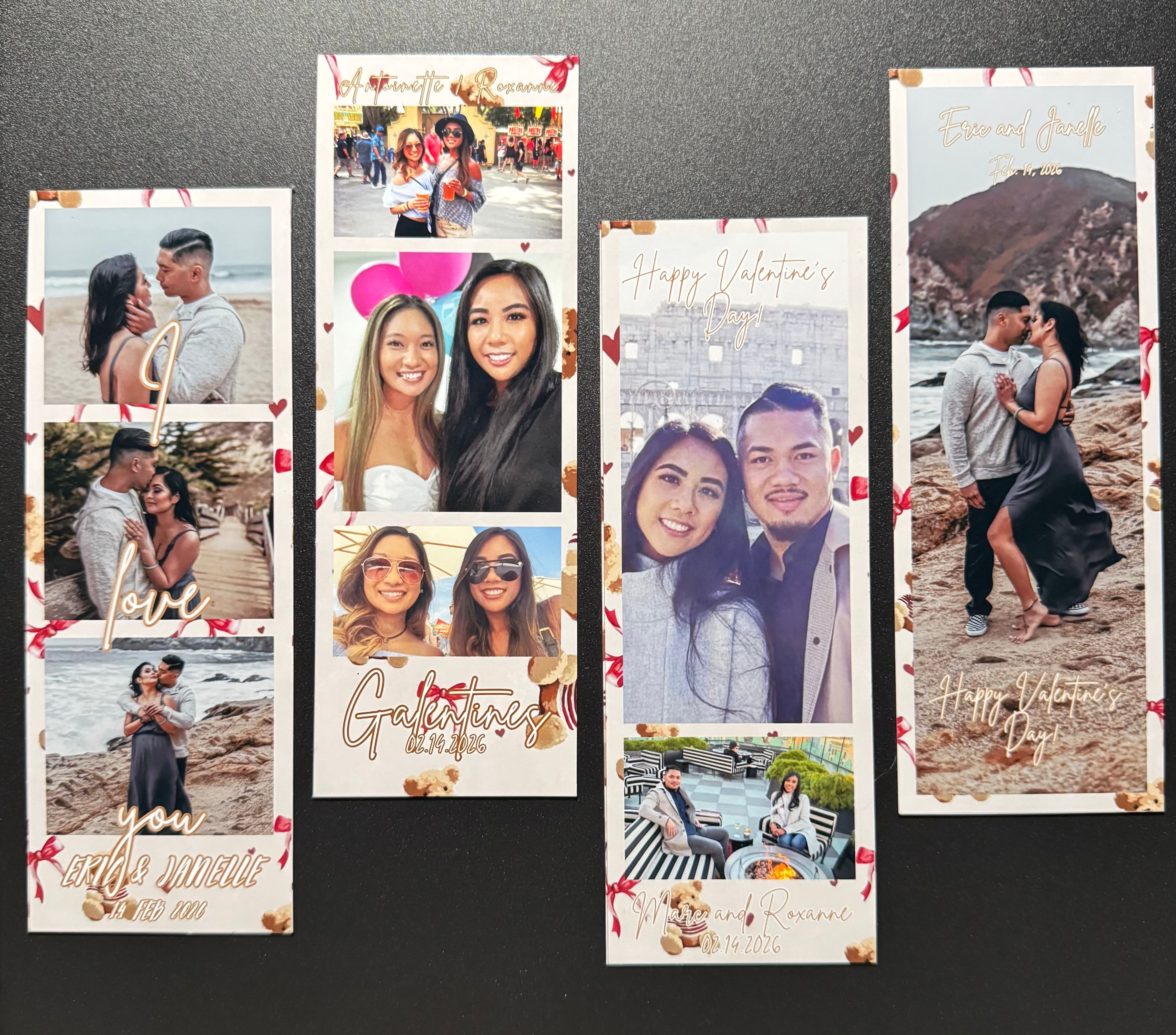 Four Valentine-themed photo booth strips on a dark background showing smiling friends and couples in beach, rocky-shore and city selfie scenes with hearts, gold confetti accents and handwritten-style captions.