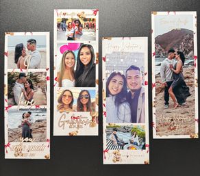 Four Valentine-themed photo booth strips on a dark background showing smiling friends and couples in beach, rocky-shore and city selfie scenes with hearts, gold confetti accents and handwritten-style captions.