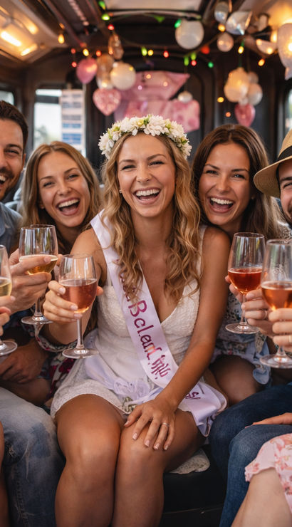 Bachelorette party on a party bus — friends laughing and toasting wine with the bride-to-be in a floral crown and sash, countryside visible through the windows