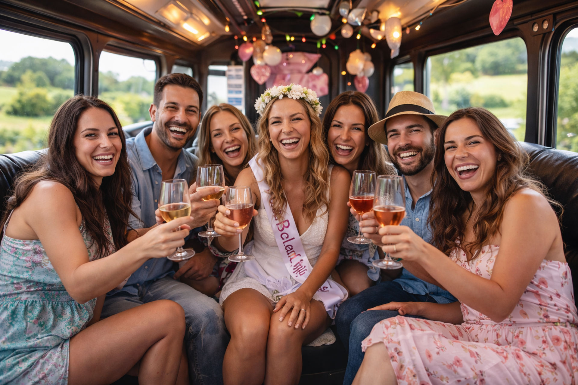 Bachelorette party on a party bus — friends laughing and toasting wine with the bride-to-be in a floral crown and sash, countryside visible through the windows