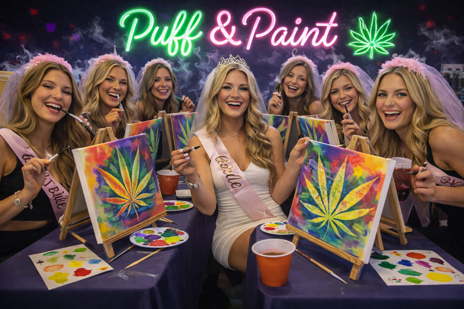 Bachelorette 'Puff & Paint' party — bride-to-be and friends in veils and sashes laugh while painting colorful cannabis-leaf canvases under a neon sign, holding brushes and drinks.