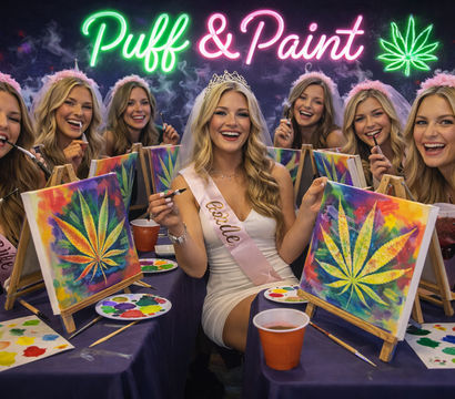 Bachelorette 'Puff & Paint' party — bride-to-be and friends in veils and sashes laugh while painting colorful cannabis-leaf canvases under a neon sign, holding brushes and drinks.