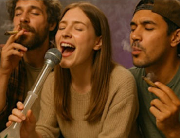 Three friends at a smoky indoor hangout — a woman singing into a microphone while two people inhale and exhale from hand-rolled smokes, relaxed casual vibe