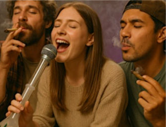 Three friends at a smoky indoor hangout — a woman singing into a microphone while two people inhale and exhale from hand-rolled smokes, relaxed casual vibe